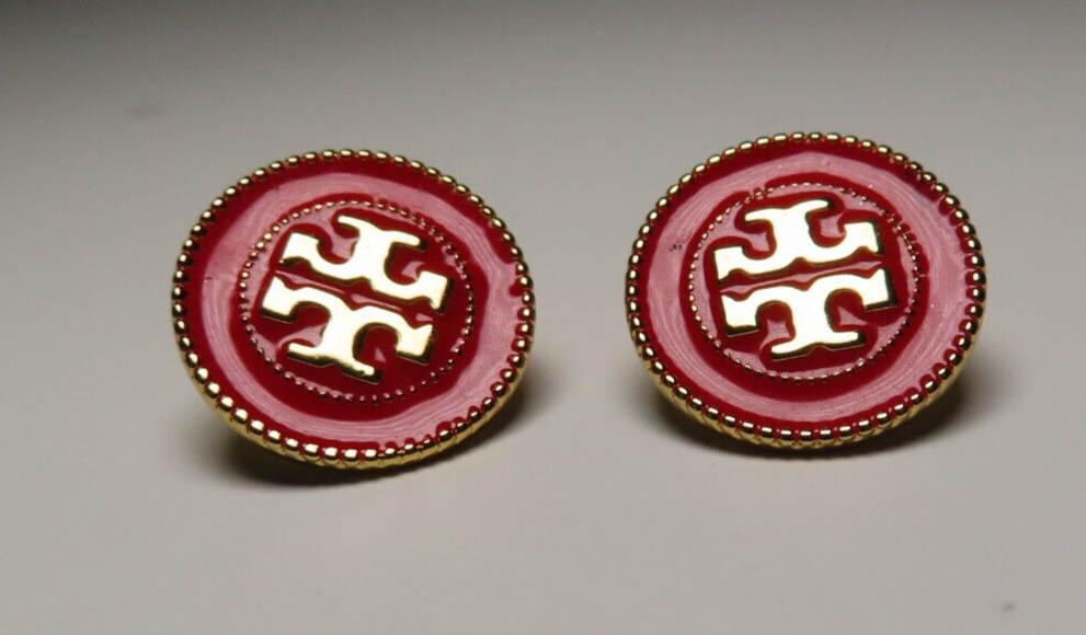 Tory Burch Red Double T Circle Logo Earrings Jewelry Gold Enamel - $27.67