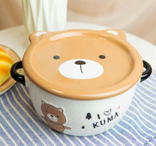 Pack Of 2 Brown Kuma Bear Porcelain Kids Food Bowls 25Oz W/ Condiment Lid Plate - £24.77 GBP