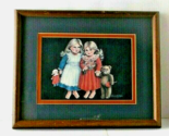 Vintage Framed Print Two Girls &amp; Teddy Bear Greens/Reds Artist BETTY McCOOL - £5.54 GBP