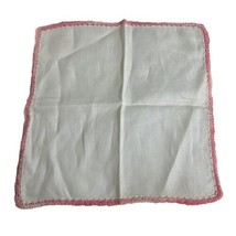 Vintage Solid White With Pink Crochet Hand Stitched Border Pocket Handkerchief - £11.00 GBP