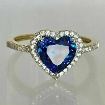 14kYellow Gold Plated 2.50Ct HEART Simulated Sapphire Halo Engagement Ring Women - £118.69 GBP