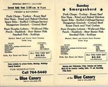 Blue Canary Menu College Avenue in Milwaukee Wisconsin 1970&#39;s Polka Palace - $17.82