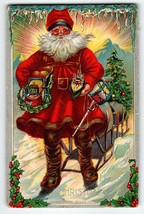 Santa Claus Christmas Postcard Icicles Sled Toy Boat Car Tree Mountains Embossed - £27.19 GBP