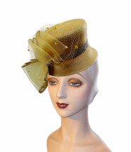 14K Golden Yellow Bucket Spectator Hat Faux Rhinestone Band Crystal Laden Bow Ne - £40.76 GBP