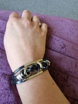 Black Leather Braclet With Bar And Beads - £3.85 GBP