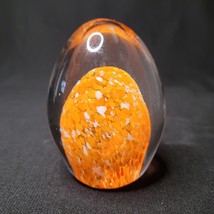 Orange White Speckled Mottled Egg Shaped Art Glass Paperweight - $11.87