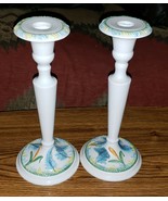 Pair of Art Pottery Handpainted 9&quot; H Candlesticks Embossed Leaves Cattai... - £25.68 GBP