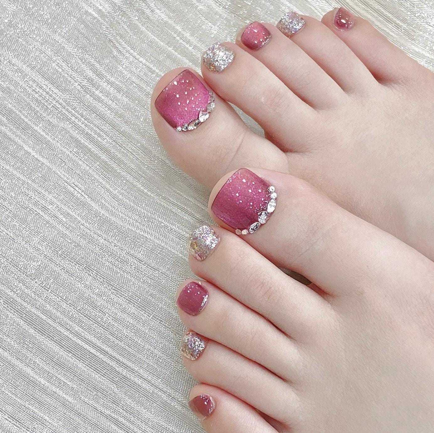 Pink Glitter Rhinestone Press-On Toenails with Sparkle Accent. Artificia... - $22.99