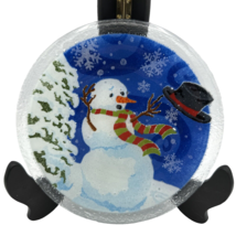 PEGGY KARR Windy Snowman winter Christmas plate - fused glass 8&quot; blue colorful - $60.00