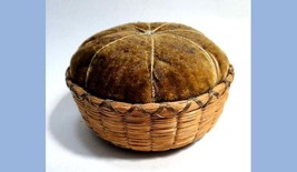 antique victorian CHATELAINE sweet rye grass 3.25&quot; PIN CUSHION basket velvet - £99.36 GBP