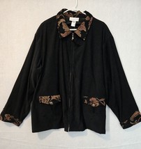 Susan Graver Style Womens Black Jacket 3X Polyester Blend Floral Accents - $39.68