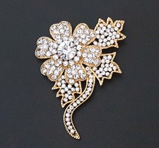 2 pcs Bridal Flower Gold Plated Clear White Rhinestone Brooch Pin B233  - £7.10 GBP