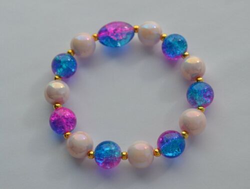 Handmade Light pink bead Blue Pink crackled bead Elastic Stretch Cord Bracelet - £9.95 GBP