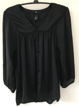 H&amp;M Black Sheer Button Up Yoke Collar 3/4 Sleeve Blouse Shirt 4 36&quot; Small - £9.71 GBP