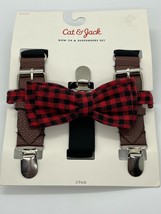 Cat &amp; Jack Boys 2-Pack Black/Red Plaid Woven Bow Tie &amp; Suspenders Set Children&#39;s - £9.64 GBP