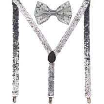 Men AB Elastic Band Silver Sequin Suspender With Maching Polyester Bowtie - $4.84