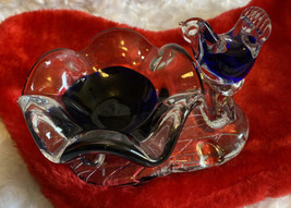 Vintage Glass Blue Bird Of Happiness Bird Bath Trinket Vanity Love Ring Holder - £29.88 GBP