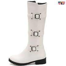 2020 New Trend Women Solid White Knee High 3 Buckle Leather Low Heel Boots Shoes - £32.37 GBP+