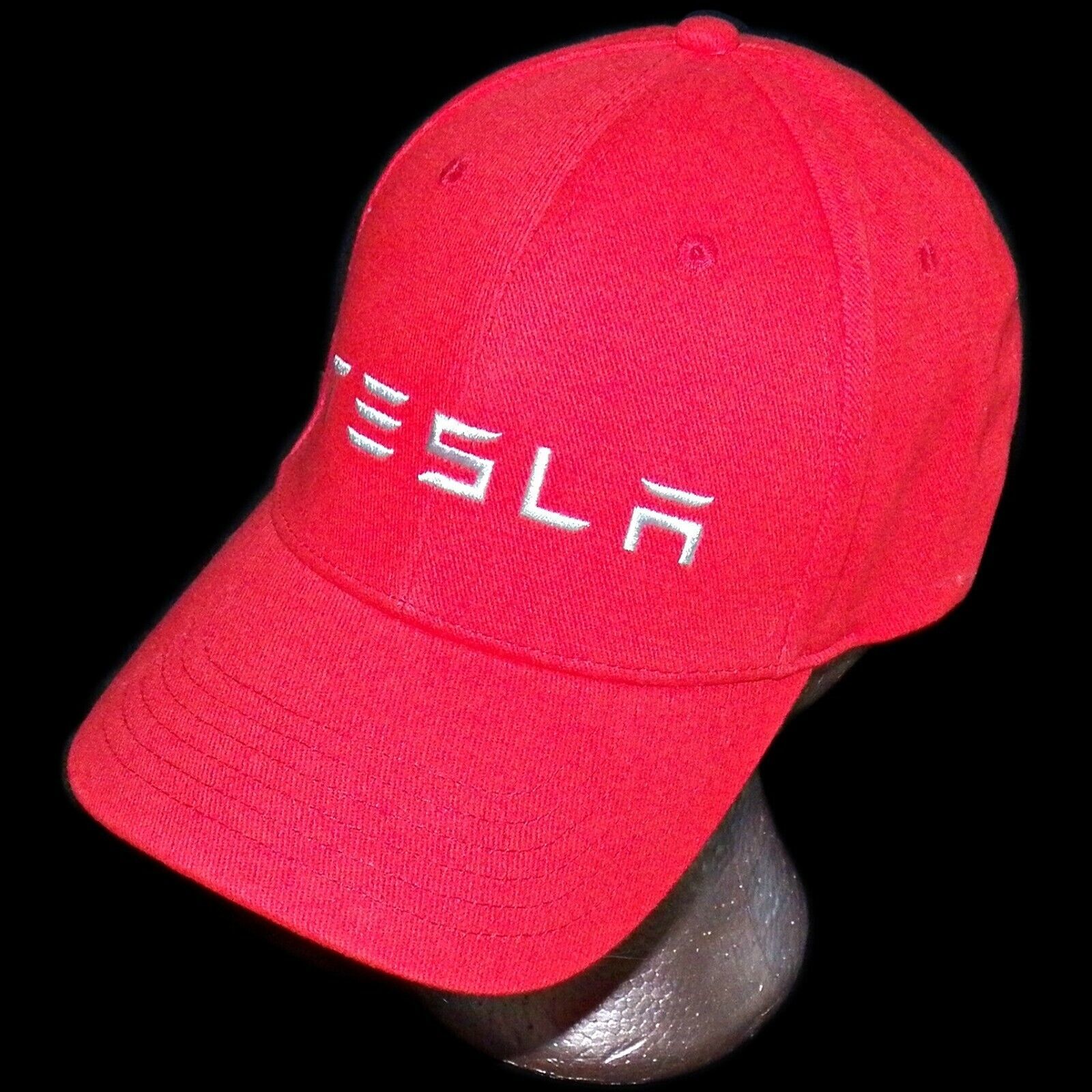 Retired Tesla Motors Embroidered Wordmark Logo Red Flexfit Baseball Hat Cap S/M - £63.79 GBP
