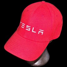 Retired Tesla Motors Embroidered Wordmark Logo Red Flexfit Baseball Hat ... - £62.64 GBP