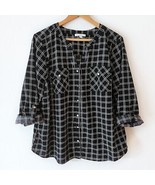 Vintage Notations Grid Window Pane Black White V Neck Button Down Blouse... - $24.61 CAD