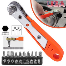 Ratcheting Right Angle Screwdriver Hex Drive 90 Degree Offset + 10Pc Bits Set Us - £12.78 GBP