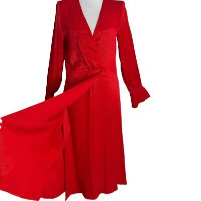 H&amp;M Faux Wrap Midi Dress Women Size 4 Red V Neck Printed Flowy Romantic ... - $25.74