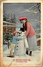 Die Besten Wünsche Zum Neuen JAHR-GIRL Mother &amp; Snowman~Swiss New Years Postcard - £5.22 GBP