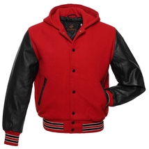 Bomber Varsity Letterman Baseball Hoodie Jacket Red Body Black Leather Sleeves - £92.60 GBP