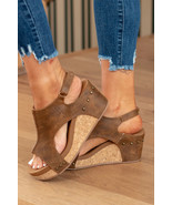 Brown Vintage Leather Stitching Studded Wedge Sandals - $22.26