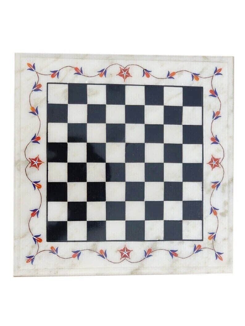 White Marble Semi Precious Chess Table Top with Pieces Handmade Inlay Wo... - $494.01
