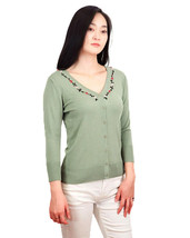 Sage Green V Neck Cardigan Sweater w Embroidered Flowers Size S or M - H... - £22.18 GBP