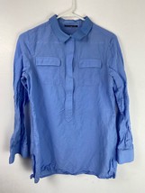 Elie Tahari Linen Blend Popover Shirt Womens S Collar Long Sleeve Pockets Blue - £12.94 GBP