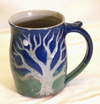 Studio Art Pottery Stoneware Mug Tree Moon Green Blue Thumb Rest Signed - $26.72