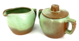 Frankoma Pottery Plainsman Prairie Green Brown Creamer 5A Lidded Sugar 5B - £43.44 GBP