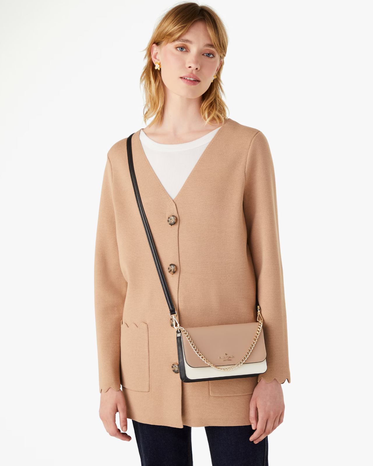 NWB Kate Spade Madison Flap Crossbody Beige White Black Leather KC517 Gift Bag