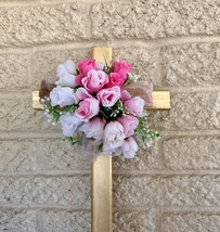 Cemetery Flowers mini pink and white rosebuds, Cross Memorial Flowers - $25.00