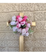 Cemetery Flowers mini pink and white rosebuds, Cross Memorial Flowers - $25.00