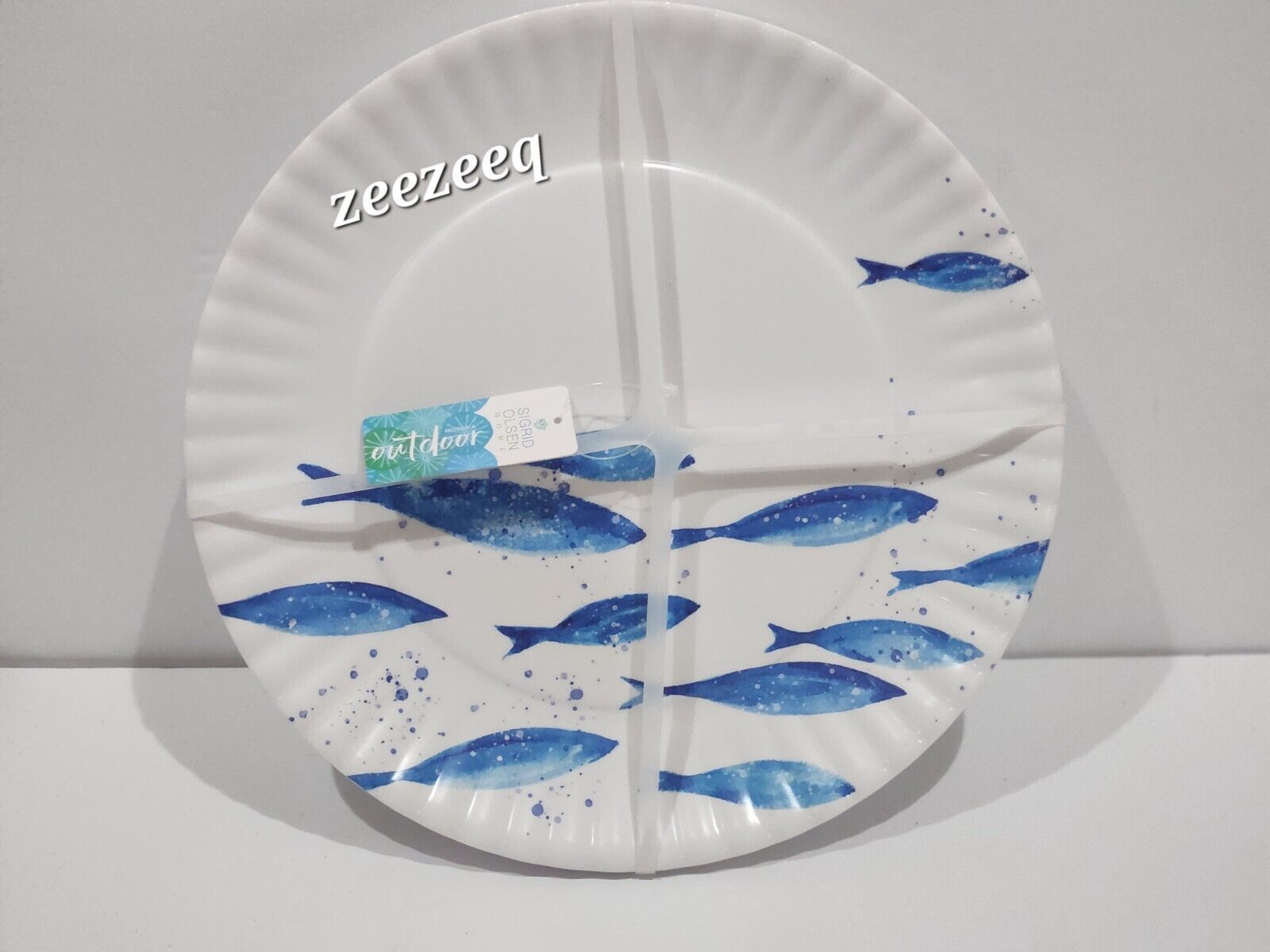 SIGRID OLSEN Coastal Beach Blue Fish 10.5&quot; Melamine Picnic Plates Set of... - $29.99