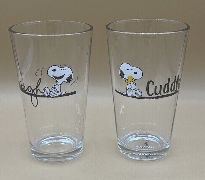 Pair of PEANUTS Snoopy “Cuddles” & “Laugh” Pint Glasses. *Pre-Owned* - £14.62 GBP