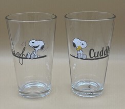 Pair of PEANUTS Snoopy “Cuddles” &amp; “Laugh” Pint Glasses. *Pre-Owned* - £14.55 GBP