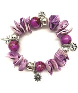 NEW PURPLE LAVENDER SILVER CHARM BRACELET BEADS CHARMS FLOWER SUN DRAGON... - $14.84