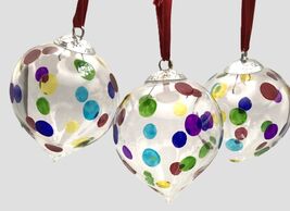 Christmas Holiday Polka Dot Round Tear Drop Glass Ornaments Set of 3 - $8.95