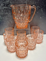 Jeannette Glass Pink Windsor Diamond 6.5&quot; Pitcher and 8 Tumbler 3.75&quot; Glasses - £59.13 GBP