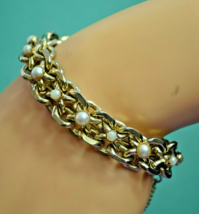 Vintage Gold Tone Faux Pearl Chain Link Bracelet Statement Bracelet - £11.75 GBP