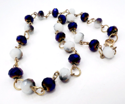 Gold Tone Faceted Purple White Glass Bead Necklace - £14.02 GBP