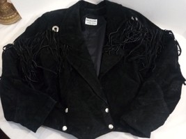 Vintage Geniuene Leather Black Suede Fringe Concho Crop Jacket Dolman Sleeves 80 - £71.22 GBP