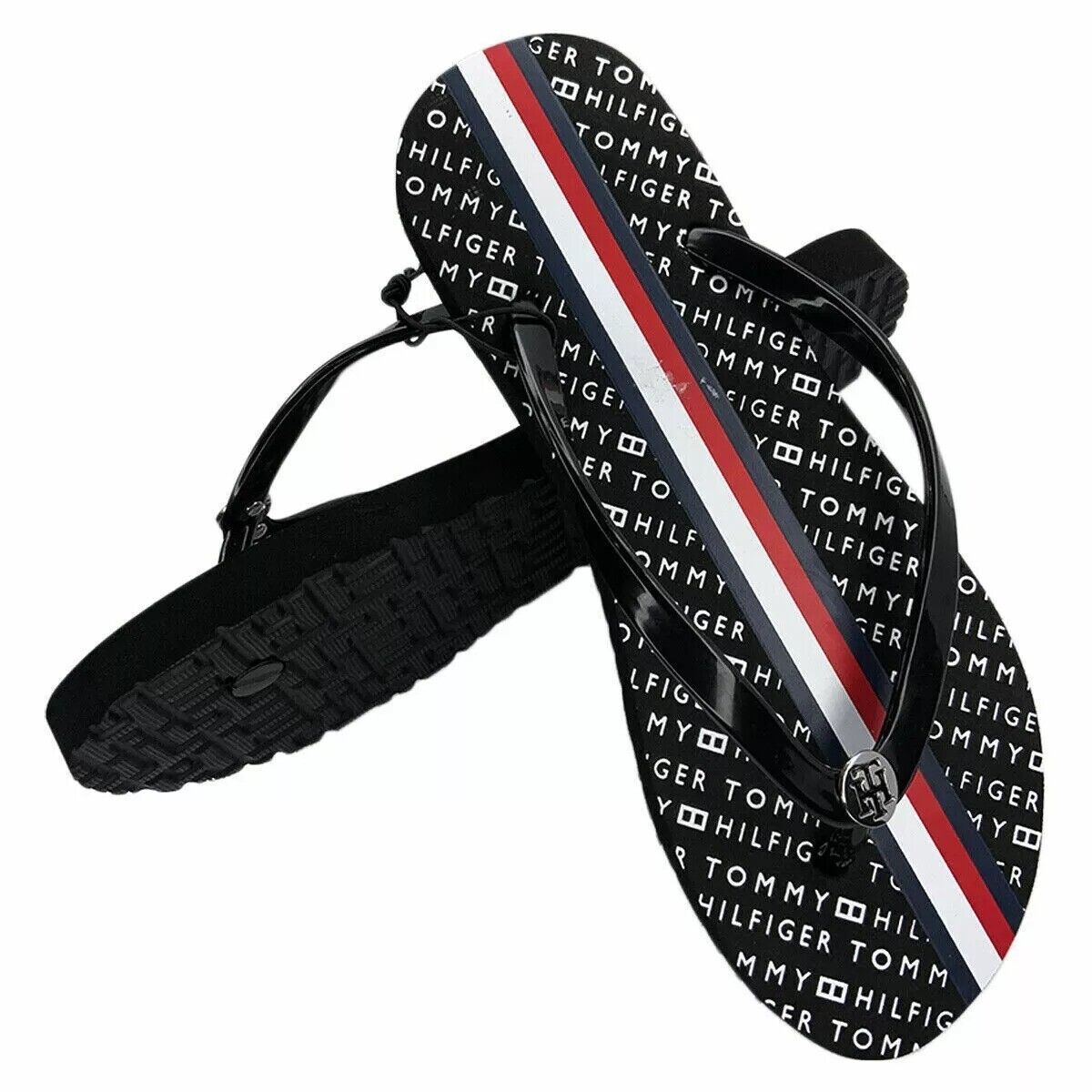 NWT TOMMY HILFIGER WOMEN&#39;S BLACK SANDALS FLIP FLOPS SIZE 9 10 - $18.69