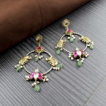 Indisch Echt 925 Silber Lang Natürlicher Smaragd Perle Jhumka Zwei Ton O... - £73.28 GBP