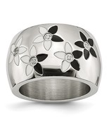 Stainless Steel Black &amp; White Enamel and CZ Flower Ring - $40.83 CAD